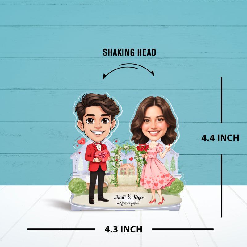 Personalized Couple Bobblehead Caricature Standee with Battery Powered Shaking Head Feature for Car Dashboard, Home Decor Gift for Valentines Day, Birthday & Anniversary